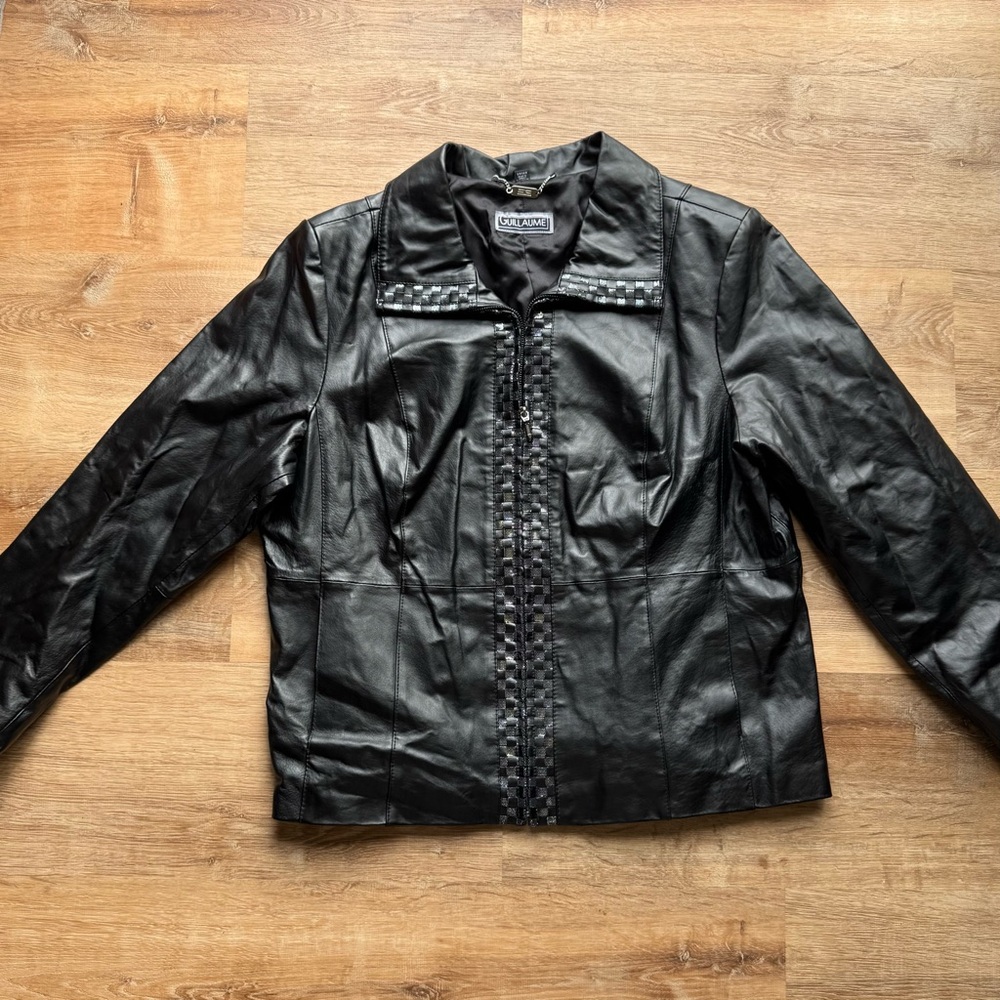 Guillaume Black Leather Blazer with Decorative Trim – Size 2X